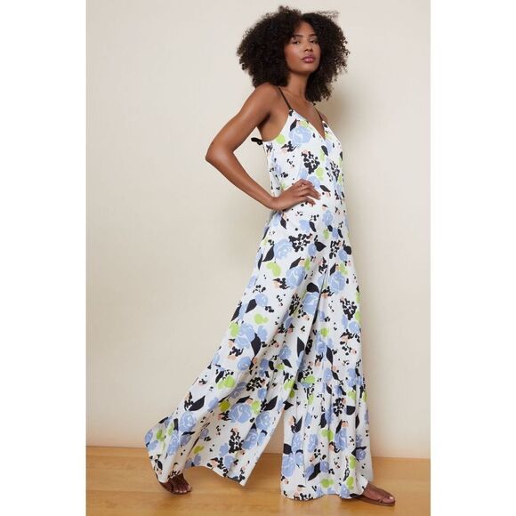New Anthropologie Hutch Wide Leg Floral Satin Jumpsuit White Size M - Picture 1 of 4